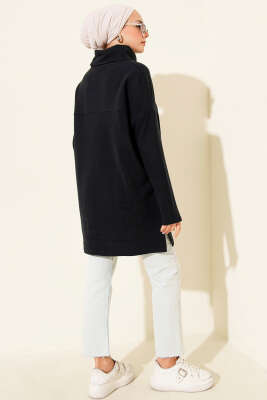 Boğazlı Fitilli Kaşe Tunik Lacivert - Tunik