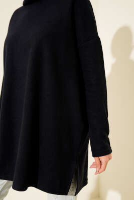 Boğazlı Fitilli Kaşe Tunik Lacivert - Tunik