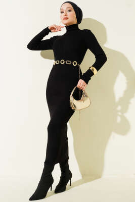 Boğazlı Fitilli Triko Elbise Siyah - HBS