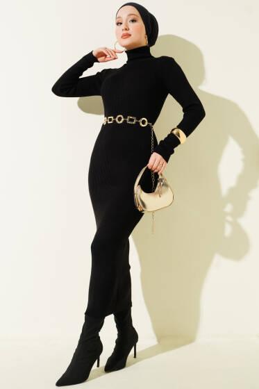 Boğazlı Fitilli Triko Elbise Siyah - Elbise