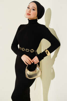 Boğazlı Fitilli Triko Elbise Siyah - Elbise