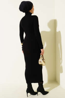 Boğazlı Fitilli Triko Elbise Siyah - Elbise