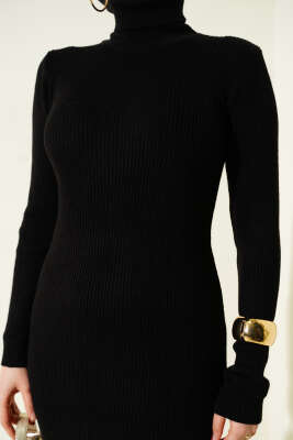 Boğazlı Fitilli Triko Elbise Siyah - Elbise