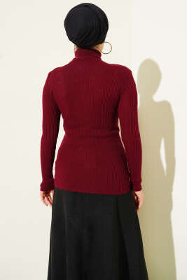 Boğazlı Fitilli Triko Kazak Bordo - Triko Kazak