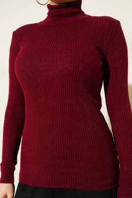 Boğazlı Fitilli Triko Kazak Bordo - Triko Kazak