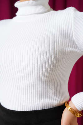 Boğazlı Fitilli Triko Kazak Ekru - Triko Kazak