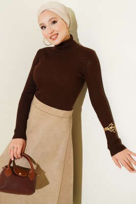 Boğazlı Fitilli Triko Kazak Kahve - NESSİA