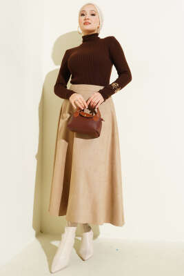 Boğazlı Fitilli Triko Kazak Kahve - Triko Kazak