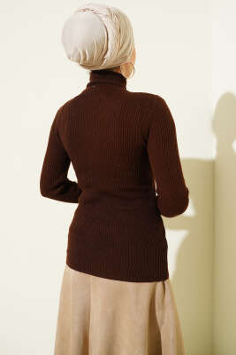 Boğazlı Fitilli Triko Kazak Kahve - Triko Kazak