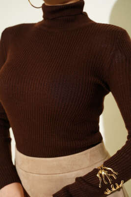 Boğazlı Fitilli Triko Kazak Kahve - Triko Kazak