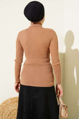 Boğazlı Fitilli Triko Kazak Latte - Triko Kazak