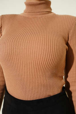 Boğazlı Fitilli Triko Kazak Latte - Yılın Fırsatı