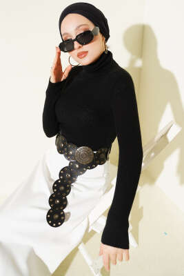 Boğazlı Fitilli Triko Kazak Siyah - NESSİA