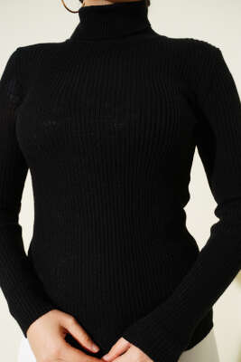 Boğazlı Fitilli Triko Kazak Siyah - Triko Kazak