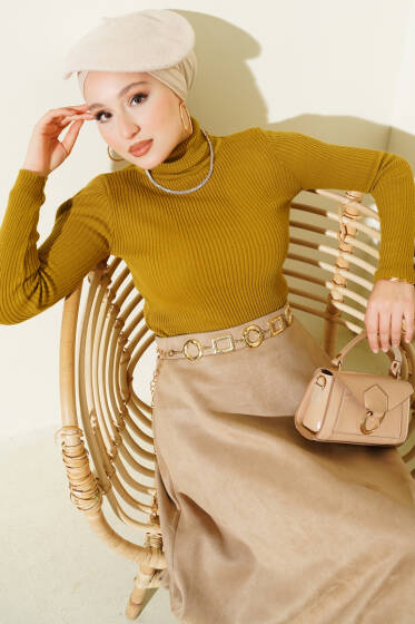 Boğazlı Fitilli Triko Kazak Yağ Yeşili - Yılın Fırsatı