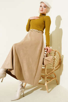 Boğazlı Fitilli Triko Kazak Yağ Yeşili - Yılın Fırsatı