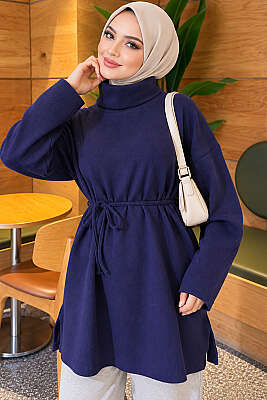 Boğazlı Fitilli Tunik Lacivert - Tunik