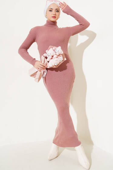 Boğazlı İnce Fitilli Triko Elbise Gül Kurusu - Elbise