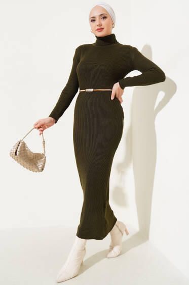 Boğazlı İnce Fitilli Triko Elbise Haki - Elbise