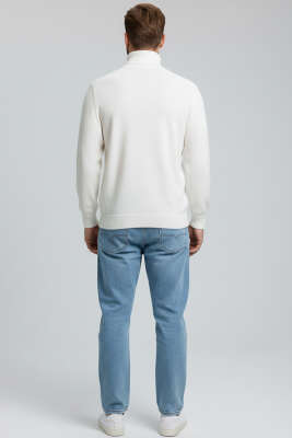 Boğazlı Önü Desenli Erkek Triko Kazak Ekru - Erkek Kazak