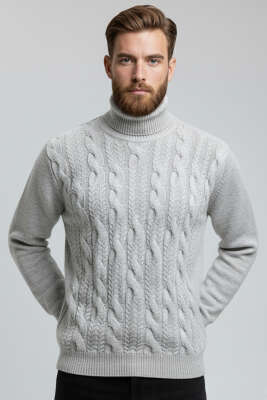 Boğazlı Önü Desenli Erkek Triko Kazak Gri - BETEKS