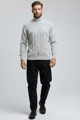 Boğazlı Önü Desenli Erkek Triko Kazak Gri - Erkek Kazak