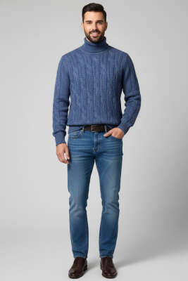 Boğazlı Önü Desenli Erkek Triko Kazak İndigo - Erkek Kazak