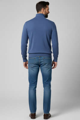 Boğazlı Önü Desenli Erkek Triko Kazak İndigo - Erkek Kazak