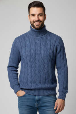 Boğazlı Önü Desenli Erkek Triko Kazak İndigo - Erkek Kazak