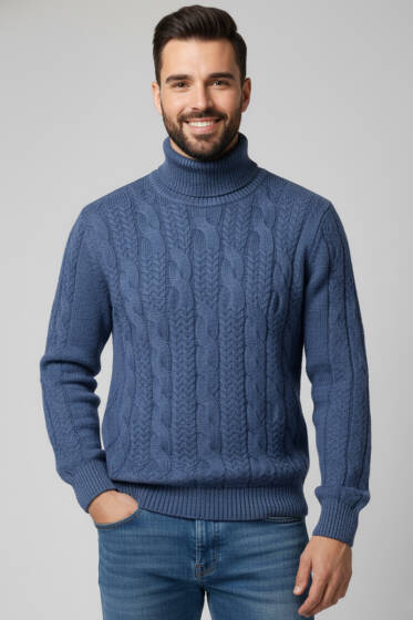 Boğazlı Önü Desenli Erkek Triko Kazak İndigo - Erkek Kazak