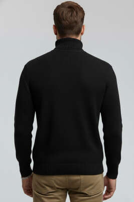 Boğazlı Önü Desenli Erkek Triko Kazak Siyah - Erkek Kazak