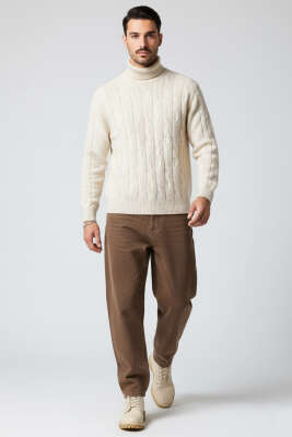 Boğazlı Önü Desenli Erkek Triko Kazak Taş - Erkek Kazak