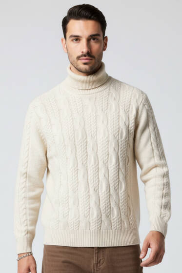 Boğazlı Önü Desenli Erkek Triko Kazak Taş - Erkek Kazak