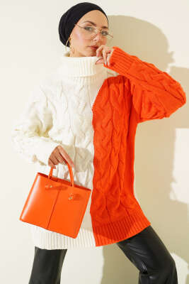 Boğazlı Örgü Kabartmalı Triko Tunik Ekru - RAFİMİX