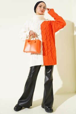 Boğazlı Örgü Kabartmalı Triko Tunik Ekru - Tunik