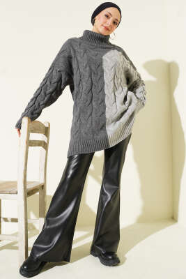 Boğazlı Örgü Kabartmalı Triko Tunik Füme - Tunik