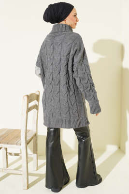 Boğazlı Örgü Kabartmalı Triko Tunik Füme - Tunik