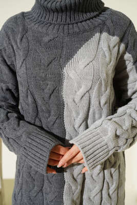 Boğazlı Örgü Kabartmalı Triko Tunik Füme - Tunik