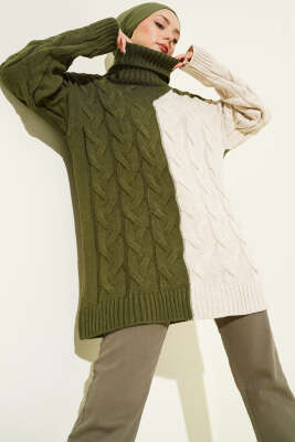 Boğazlı Örgü Kabartmalı Triko Tunik Haki - RAFİMİX