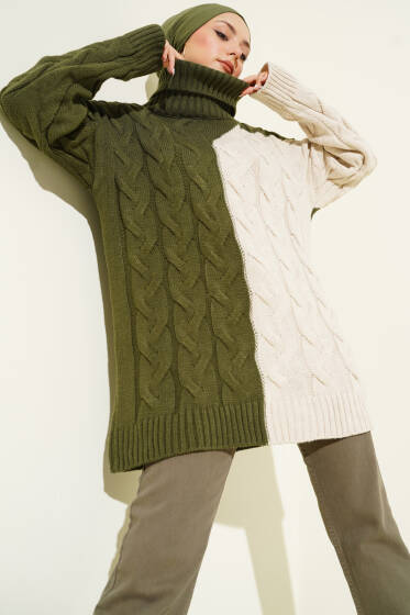 Boğazlı Örgü Kabartmalı Triko Tunik Haki - Tunik