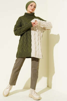 Boğazlı Örgü Kabartmalı Triko Tunik Haki - Tunik