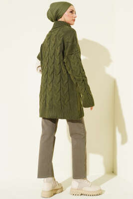 Boğazlı Örgü Kabartmalı Triko Tunik Haki - Tunik