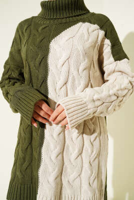 Boğazlı Örgü Kabartmalı Triko Tunik Haki - Tunik