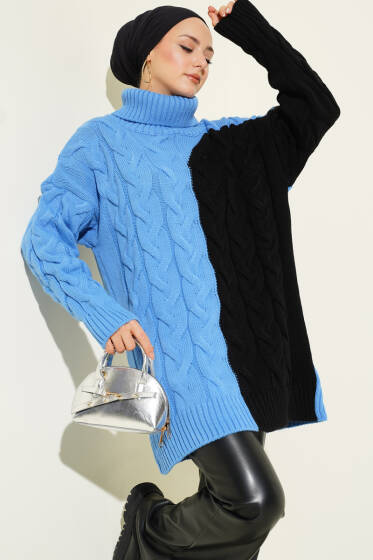 Boğazlı Örgü Kabartmalı Triko Tunik Mavi - Tunik