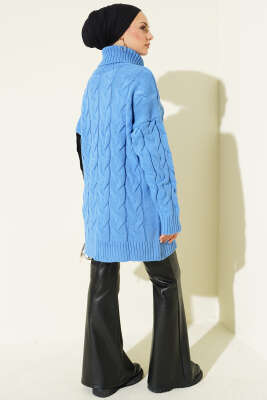 Boğazlı Örgü Kabartmalı Triko Tunik Mavi - Tunik