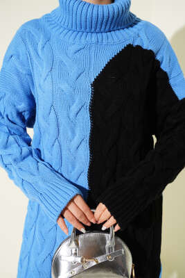 Boğazlı Örgü Kabartmalı Triko Tunik Mavi - Tunik