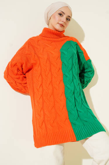 Boğazlı Örgü Kabartmalı Triko Tunik Oranj - Tunik