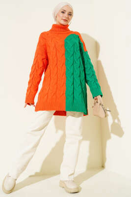 Boğazlı Örgü Kabartmalı Triko Tunik Oranj - Tunik