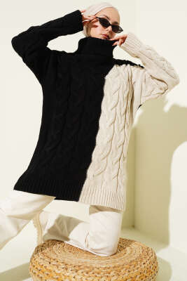 Boğazlı Örgü Kabartmalı Triko Tunik Siyah - RAFİMİX