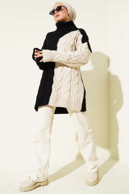 Boğazlı Örgü Kabartmalı Triko Tunik Siyah - Tunik